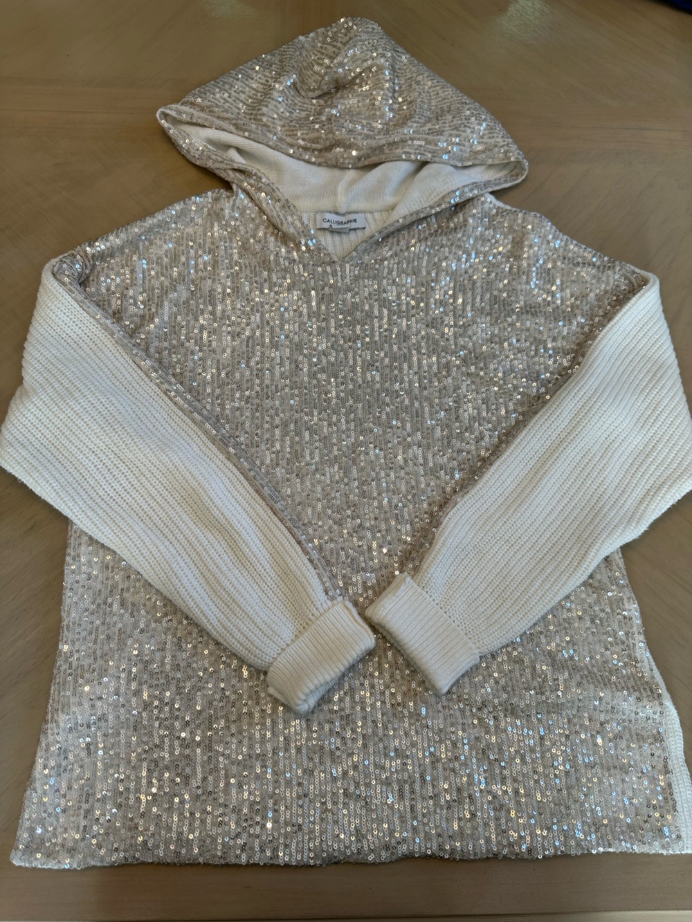 Sparkle Sequin Knit Hooded Sweater in Cream by Chris & Carol Women’s Size L